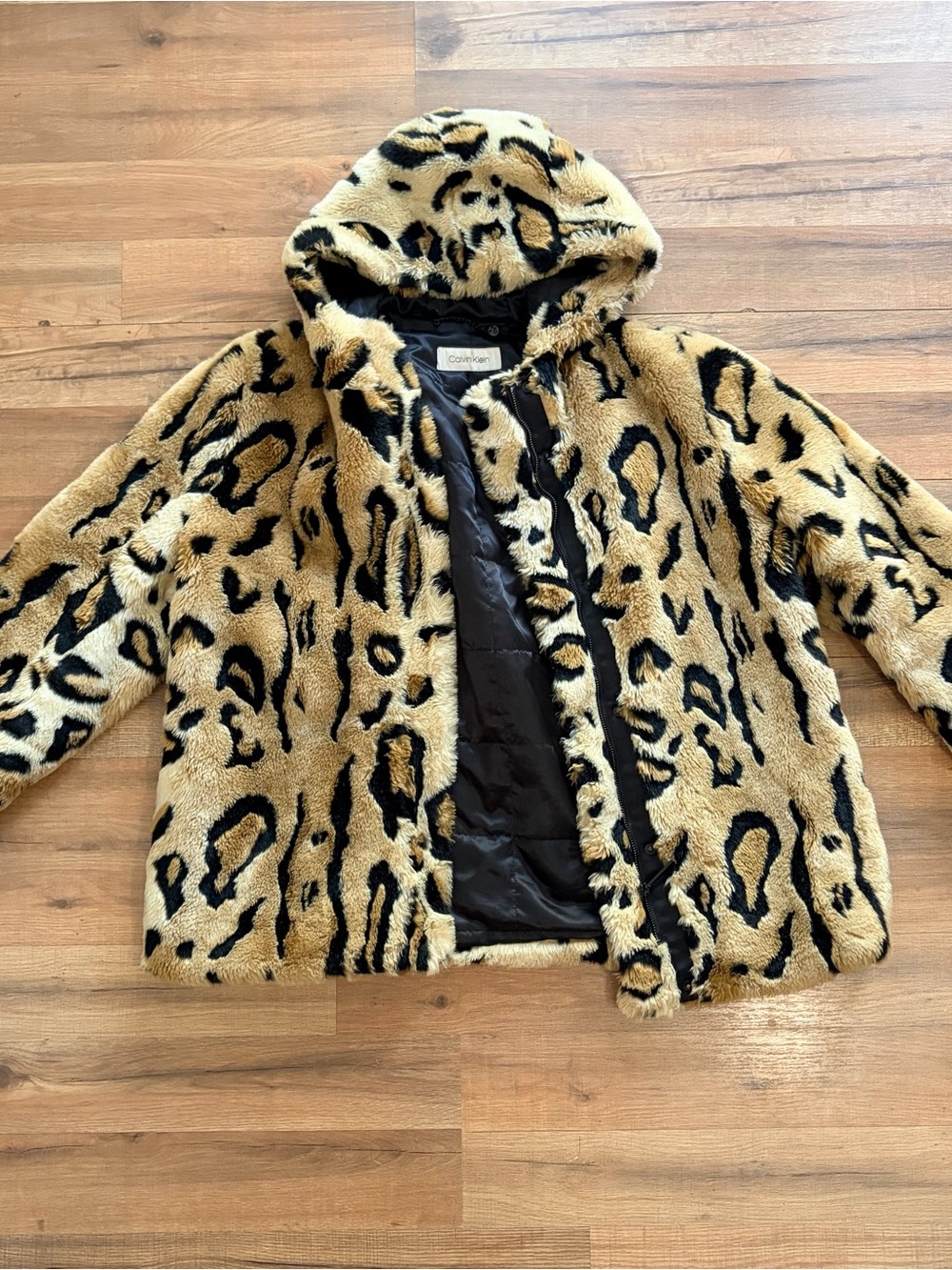 Calvin Klein Leopard Print Faux Fur Hooded Jacket - Tan & Black